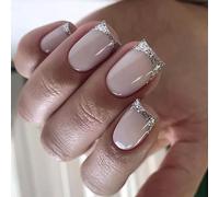 24PCS Short False Nails with Glue Stickers, Coffin Full Cover Acrylic and Press on Nails no Glue,Pink Glitter Edge French Fake Nails Stick for Women and Girls Nail Art