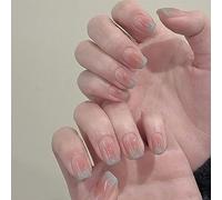 24PCS Short False Nails with Glue Stickers, Coffin Full Cover Acrylic and Press on Nails no Glue,Pink Blue Edge French Fake Nails Stick for Women and Girls Nail Art