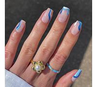 24PCS Short False Nails with Glue Stickers,Coffin Full Cover Acrylic and Press on Nails no Glue, White Blue Waves French Fake Nails Stick for Women and Girls Nail Art.