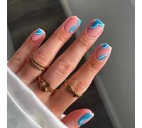24PCS Short False Nails with Glue Stickers,Coffin Full Cover Acrylic and Press on Nails no Glue,White&Blue Wave French Fake Nails Stick for Women and Girls Nail Art.