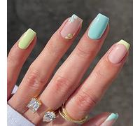 24PCS Short False Nails with Glue Stickers,Coffin Full Cover Acrylic Nails Press on Nails no Glue,Yellow&Blue Flower French Fake Nails Stick on Nails for Women and Girls Nail Art.