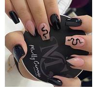 24PCS Short False Nails with Glue Stickers,Coffin Full Cover Acrylic Press on Nails no Glue,Black Snake French Fake Nails for Women and Girls Nail Art