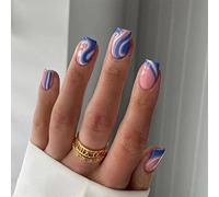 24PCS Short False Nails with Glue Stickers,Coffin Full Cover Acrylic Press on Nails no Glue,Blue White Wave French Fake Nails for Women and Girls Nail Art