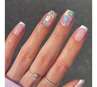 24PCS Short False Nails with Glue Stickers,Coffin Full Cover Acrylic Press on Nails no Glue,Multicolor Flower White French Fake Nails for Women and Girls Nail Art.