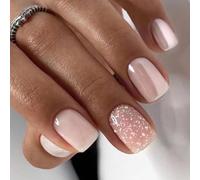 24PCS Short False Nails with Glue Stickers,Coffin Full Cover Acrylic Press on Nails no Glue,Pink Glitter French Fake Nails for Women and Girls Nail Art