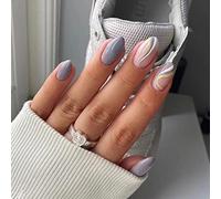 24PCS Short False Nails with Glue Stickers,Coffin Full Cover Acrylic Press on Nails no Glue, Purple Grey Yellow Wave French Fake Nails for Women and Girls Nail Art.