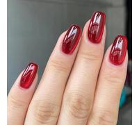 24PCS Short False Nails with Glue Stickers,Coffin Full Cover Acrylic Press on Nails no Glue,Red Cat Eye French Fake Nails for Women and Girls Nail Art.