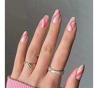 24PCS Short False Nails with Glue Stickers, Coffin Full Cover Acrylic Press on Nails no Glue,Red White Waves French Tip Fake Nails for Women and Girls Nail Art.