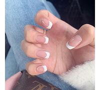 24PCS Short False Nails with Glue Stickers,Coffin Full Cover Acrylic Press on Nails no Glue,Simple Short White French Fake Nails for Women and Girls Nail Art.