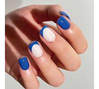 24PCS Short False Nails with Glue Stickers,Coffin Full Cover Acrylic Press on Nails no Glue,White&Blue French Fake Nails for Women and Girls Nail Art.