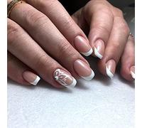 24PCS Short False Nails with Glue Stickers,Coffin Full Cover Acrylic Press on Nails no Glue,White Flower French Fake Nails for Women and Girls Nail Art