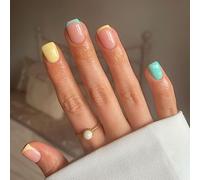 24PCS Short False Nails with Glue Stickers,Coffin Full Cover Acrylic Press on Nails no Glue,Yellow Blue Edge French Fake Nails for Women and Girls Nail Art