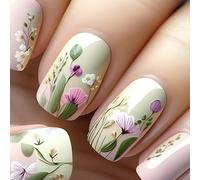 24Pcs Short Flower Press on Nails, 3D Embossed Floral False Nails, Square Elegant Fake Nails Stick on, Reusable Acrylic Full Cover Manicure Kit for Women Daily Wear, Easy to Apply, No Glue Needed