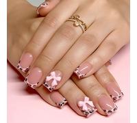 24Pcs Short French False Nails Featuring Shining Printed Pattern and Dimensional Bowknot Press Stick Nails for Natural Look Fashion Press Stick