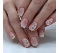 24PCS Short French Ombre Press On Nails for Women, Pink and White Gradient Fake Nails with 3D Floral Design, Full Cover Acrylic Nails with Natural Look and Elegant Style