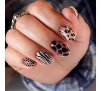 24Pcs Short Oval Acrylic Press On Nails Set With Leopard Zebra Cheetah Print - Full Cover Glossy Fake Nails For Women Easy To Apply Manicure Kit And Nude Black White Animal Patterns Fashion Accessory