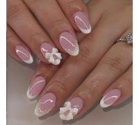 24pcs Short Oval French Tip Press On Nails with Pearls - Strong Fake Nails with Glue - False Toenails for Women 12 Sizes for Perfect Fit Waterproof Lasts 1-3 Weeks Easy 3