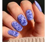 24PCS Short Oval Press On Nails - French Tip Floral Design Elegant False Nails Kit for Women Multiple Sizes Salon-Quality Shine Lavender Purple Butterfly Print Daily Wear