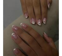24Pcs Short Oval Press on Nails, Natural Pink Base with White French Tip Design, for Elegant Manicure - Waterproof Long Lasting Fake Full Cover Stick on with Elegant Nude Pink