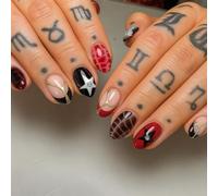 24Pcs Short Oval Press On Nails - Red and Black Fake Nails with Star Pattern and Crocodile Texture Design - Durable Acrylic Set with Gelly Adhesive Tabs for Easy Application