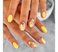 24PCS Short Oval Press on Nails - Summer Lemon French Tip False Nails for Women - Yellow Fruit Design with Glossy Finish Full Cover Acrylic Stick on Set with 12 Sizes Easy to Apply Reusable
