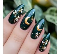 24PCS Short Press on Nails - Almond False Nails French Tip - Green Stick on nails with Gold Moon Pattern and Flower - Strong Fake Nails with Glue - Almond Nail Tips Elegant for Women Long Lasting