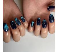 24PCS Short Press on Nails Oval Cat Eye Fake Nails Artificial Acrylic Nails Dark Blue Aurora Designs False Nails Full Cover Glue on Nails Glossy Natural Stick on Nails for Women Girls Daily Wear