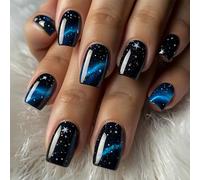 24Pcs Short Press on Nails Square Fake Nails Blue Black Gradient Glue on Nail Starry Sky Designs Glossy Acrylic False Nails Reusable Full Cover Artificial Stick on Nails for Women Girls