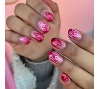 24pcs Short Press On Nails With Heart Flame Designs Acrylic False Nails For Women And Girls Easy To Apply And Remove