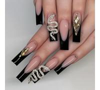 24PCS Short Press On Nails With Jelly Adhesive Tabs - Black Nude Ombré French Tip Fake Nails With 3D Rhinestone Snake & Large Crystal Gemstone Trendy Y2K Stick For Women