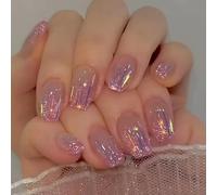 24Pcs Short Press on Nails with Sparkling Glitter and Starburst Design, Unique Designs for Fashionable Style，Soft Pink Base with Purple Accents