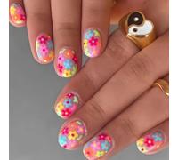 24PCS Short Round Press On Nails - Bright Rainbow Floral Fake Nails With Cute Daisy Flowers & 3D Colorful Design Full Cover Stick On False For Women, Daily Wear Party