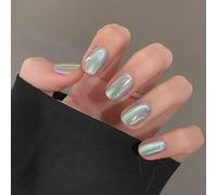 24PCS Short Round Press On Nails With Accessory Tools, Aurora Mirror Chrome False Nails For Women, Full Cover Glossy Stick On Fake, Reusable Acrylic Art Kit