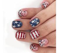 24Pcs Short Square Acrylic Nails Independence Day Press on Glossy Star Red Lines Stick on for Women Girls Press on
