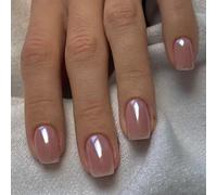 24pcs Short Square Chrome Pink Press-On Nails, Glossy Squoval French Tips Full-Cover Acrylic False Nails, High-Gloss Long-Lasting Stick-On Art Set