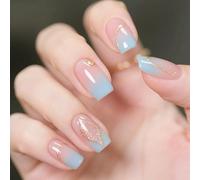 24pcs Short Square False Nails Blue Ombre Press on Nails Glitter Gold Swirl Stick on Nail Removable Glue on Acrylic Fake Nail Tips Accessories for Women