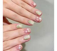 24pcs Short Square False Nails Floral Design Green Ombre Press on Nails Nude Pink Stick on Nail Tips with Sparkly Foil Decor Removable Glue-on Fake Nail Art Accessories for Women Spring Summer Wear