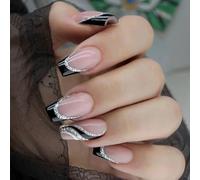 24pcs Short Square False Nails, French Black Tip Stick on Nails, Removable Glitter Press on Nails No Glue, Acrylic Full Cover Fake Nail with File for Women Girls Nail Art Accessories