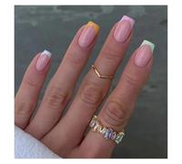 24pcs Short Square False Nails French Rainbow Line Flame Full Cover Detachable Press On Nails For Girls(Y2)