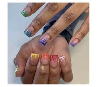 24pcs Short Square False Nails French Rainbow Line Flame Full Cover Detachable Press On Nails Manicure Kit(Y1)