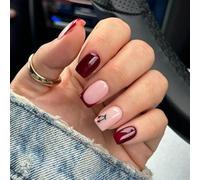 24pcs Short Square False Nails French Tip Burgundy Press on Nails Nude Pink Stick on Nail with Red Cherry Design Removable Glue on Acrylic Fake Nail Accessories for Women
