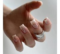 24pcs Short Square False Nails French Tip Press on Nails Nude White Ombre Glitter Gold Swirl Stick on Nail Removable Glue on Acrylic Full Cover Fake Nail Tips Accessories for Women Girls