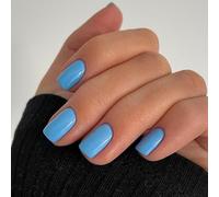 24PCS Short Square False Nails French Tip Press on Nails Solid Color Reusable Fake Nails Kit with Glue Stickers Acrylic Full Cover Stick on Nails for Women and Girls Daily Wear - Sky Blue