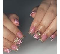 24Pcs Short Square False Nails French Tip Press On Stick On Manicure With Rhinestones And Bows Acrylic Nail