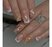 24pcs Short Square False Nails French Tip White Edge Nude Pink Press on Nails 3D Flower Stick on Nail with Gold Pearl Design Removable Glue on Acrylic Fake Nail Accessories for Women