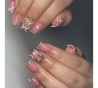 24Pcs Short Square False Nails French Tip with Bows and Flower Design Acrylic Press on for Women Girls Party Ready Nail