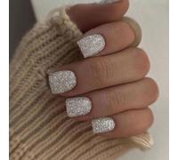 24pcs Short Square False Nails Glitter Silver Stick on Nails Press on Nail Removable Glue on Full Cover Fake Nail Art Accessories for Women Girls