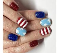 24pcs Short Square False Nails Independence Day Press On Nails With Glitters Stick On For Fashionable Women False Nail