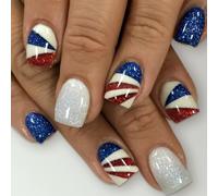 24pcs Short Square False Nails Independence Day Press on with Glitters Stick on for a Unique Festive Look Party Ready Nail