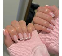 24pcs Short Square False Nails White French Tip Press on Nails Nude Pink